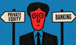 Drawing of a red man in a suit. Signs either side of him read "banking" and "private equity"