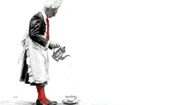 A man pouring coffee into a cup on the floor. He is dressed as a French maid