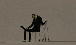 a banker on a chair with employees as puppets