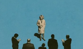 a woman holding a magnifying glass and some men 