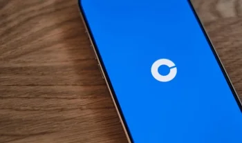 Coinbase's logo on a phone.