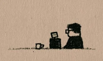 a little man looking at a screen 