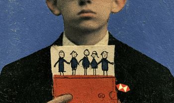 a banker holding a red wallet with a stick drawing of his children coming out of it