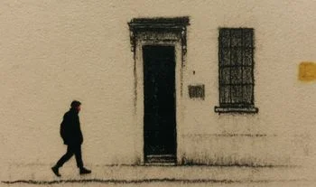 a man in a red face mask walking past a building 