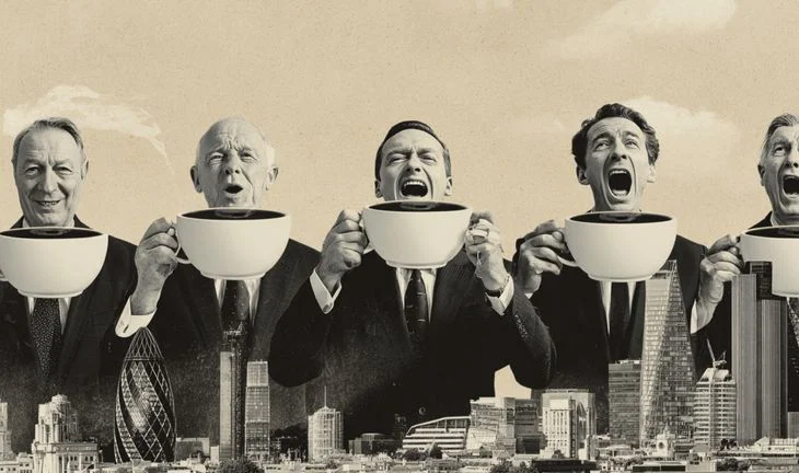 a row of bankers holding coffee against a London skyline