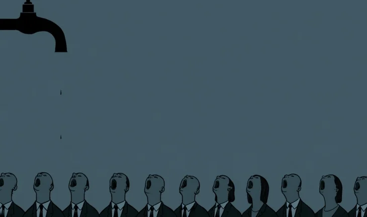 a row of open mouthed people beneath a tap 