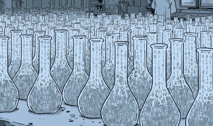 a lab full of test tubes with binary code
