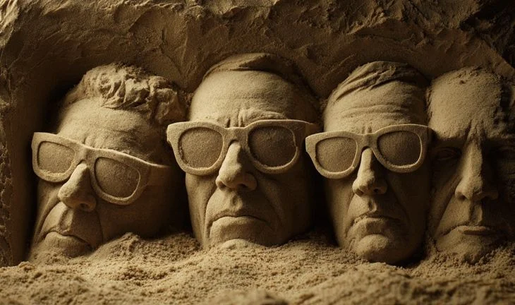 some faces of men with sunglasses made of sand